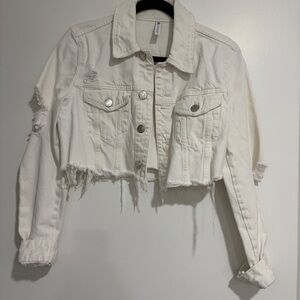 Zara Cream Cropped Distressed Jean Jacket